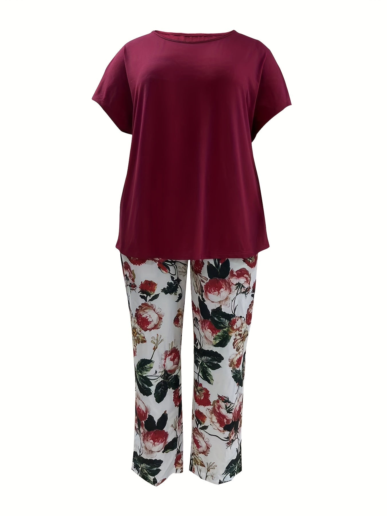 Casual Outfit Set Solid Top & Floral Print Pants