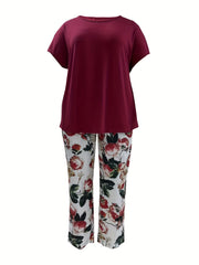 Casual Outfit Set Solid Top & Floral Print Pants