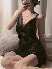 Lace Satin Nightdress Deep V Backless Sleepwear