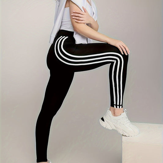 High Waist Yoga Pants with Side Stripes, Tummy Control