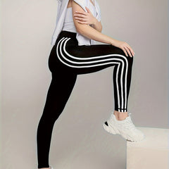 High Waist Yoga Pants with Side Stripes, Tummy Control