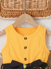 Girls Sunflower Pattern Sleeveless Casual Romper Jumpsuit with Belt