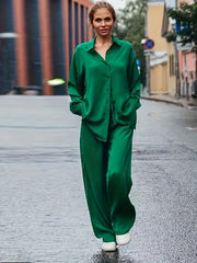 2 Piece Set: Button Up Blouse & Wide Leg Pants