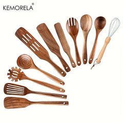10pcs Non Stick Wooden Utensil Set Safe & Easy to Clean Modern Cookware