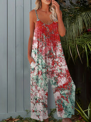 Boho Floral Print Spaghetti Jumpsuit Loose Wide Leg