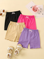 4pcs Toddler Girls Frill Trim Bow Waist Cotton Shorts Set