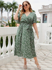 Ditsy Print Short Sleeve Surplice Neck Dress With Belt