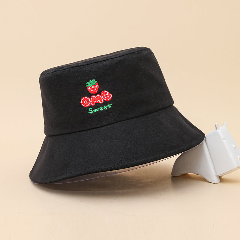 Strawberry Embroidery Bucket Hat Outdoor Fisherman Cap