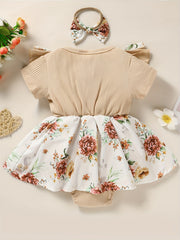Newborn Infant Dress Splicing Romper Ruffle Flowers Print Short Sleeve Bodysuit