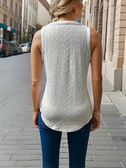 Eyelet V Neck Tank Top Button Front Sleeveless Summer Casual Women's Clothing