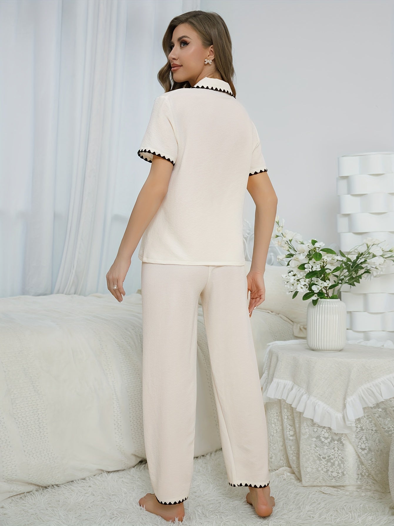 Colorblock Trim Pajama Set Short Sleeve Buttons Top & Elastic Waistband Pants