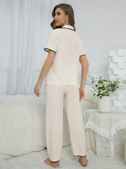 Colorblock Trim Pajama Set Short Sleeve Buttons Top & Elastic Waistband Pants