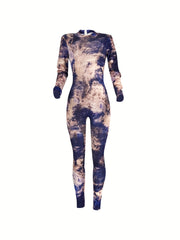 Tie Dye Print Skinny Jumpsuit Crew Neck Long Sleeve Women's Clothing
