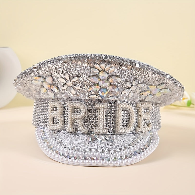 Bright Glitter Bride Hat Rhinestone Faux Pearl Sequin Captain Hat