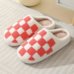 Checkered Plush Flat Slippers Warm & Cozy Indoor Shoes