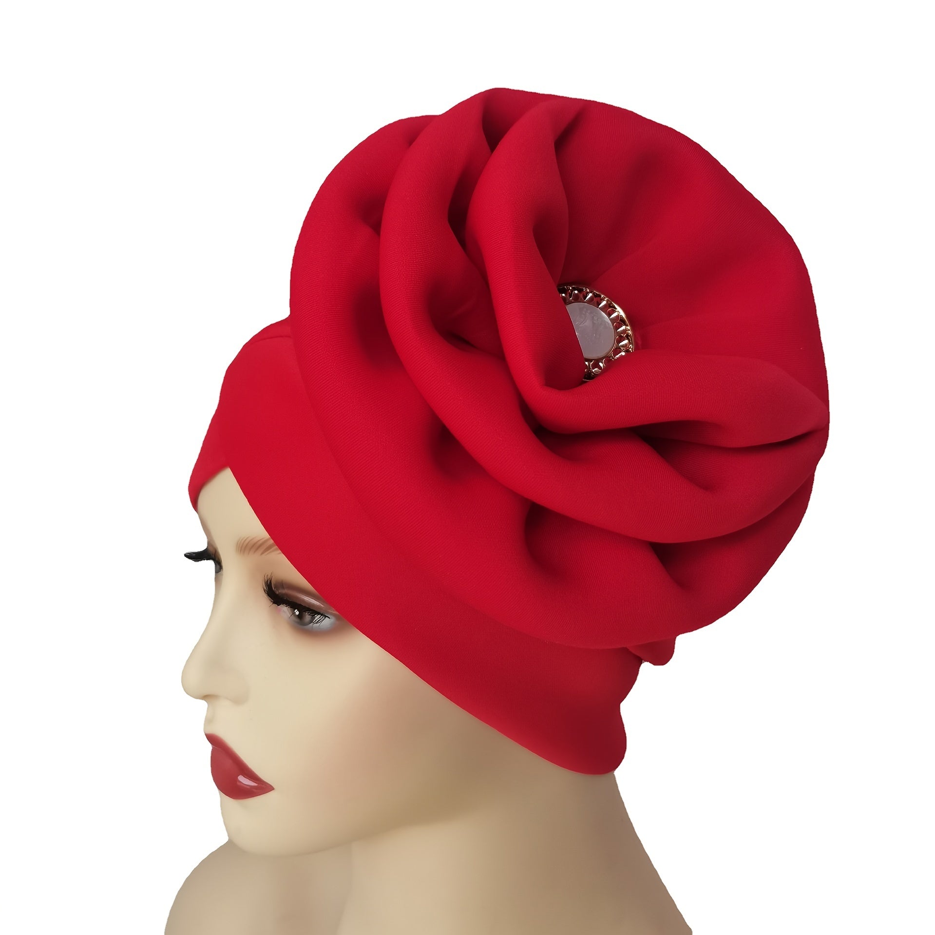 Faux Jade Alloy Turban Cap Flower Layer Wrinkled Hijab Hair Accessories