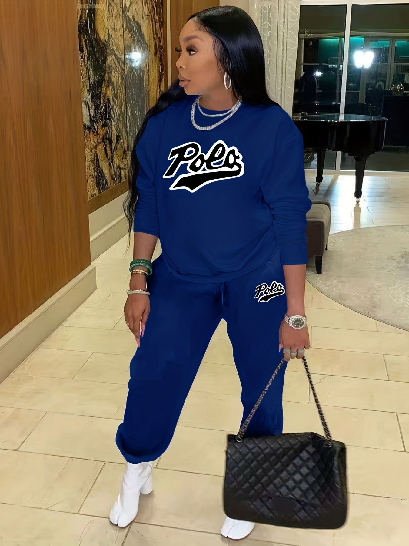 Casual Letter Print Two-piece Set Crew Neck Long Sleeve Tops & Jogger Pants
