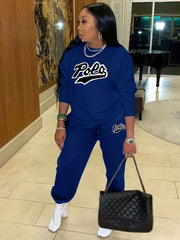 Casual Letter Print Two-piece Set Crew Neck Long Sleeve Tops & Jogger Pants