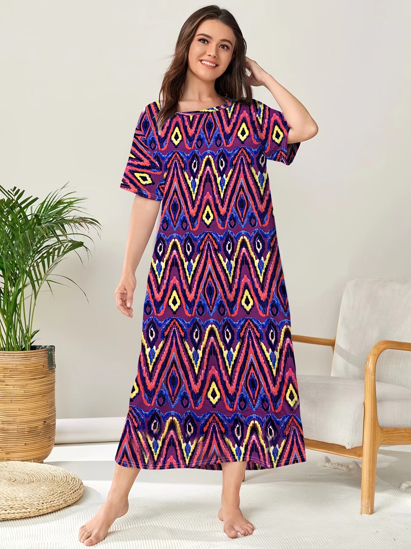 Casual Loungewear Dress Women's Plus Allover Print Short Sleeve