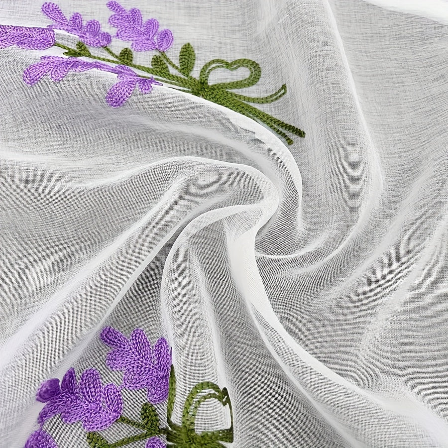 Embroidered Curtain Purple Lavender Flower Tulle Sheer Curtain