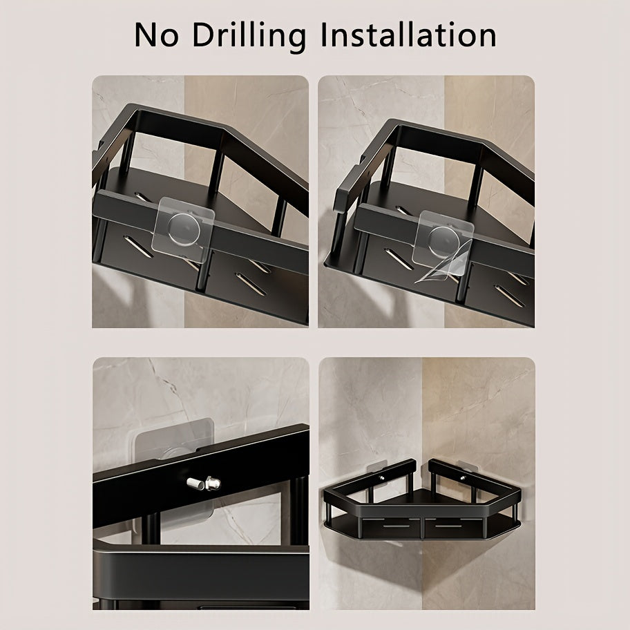 Adhesive Corner Shelf Wall Mounted with Hooks for Kitchen Bathroom
