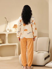 Cartoon Print Pajama Set Warm Long Sleeve Crew Neck Top & Lounge Pants