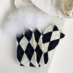 Plaid Print Calf Socks Feather Trim Knee High Stockings