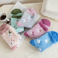 Floral Print & Colorblock Fuzzy Socks Set