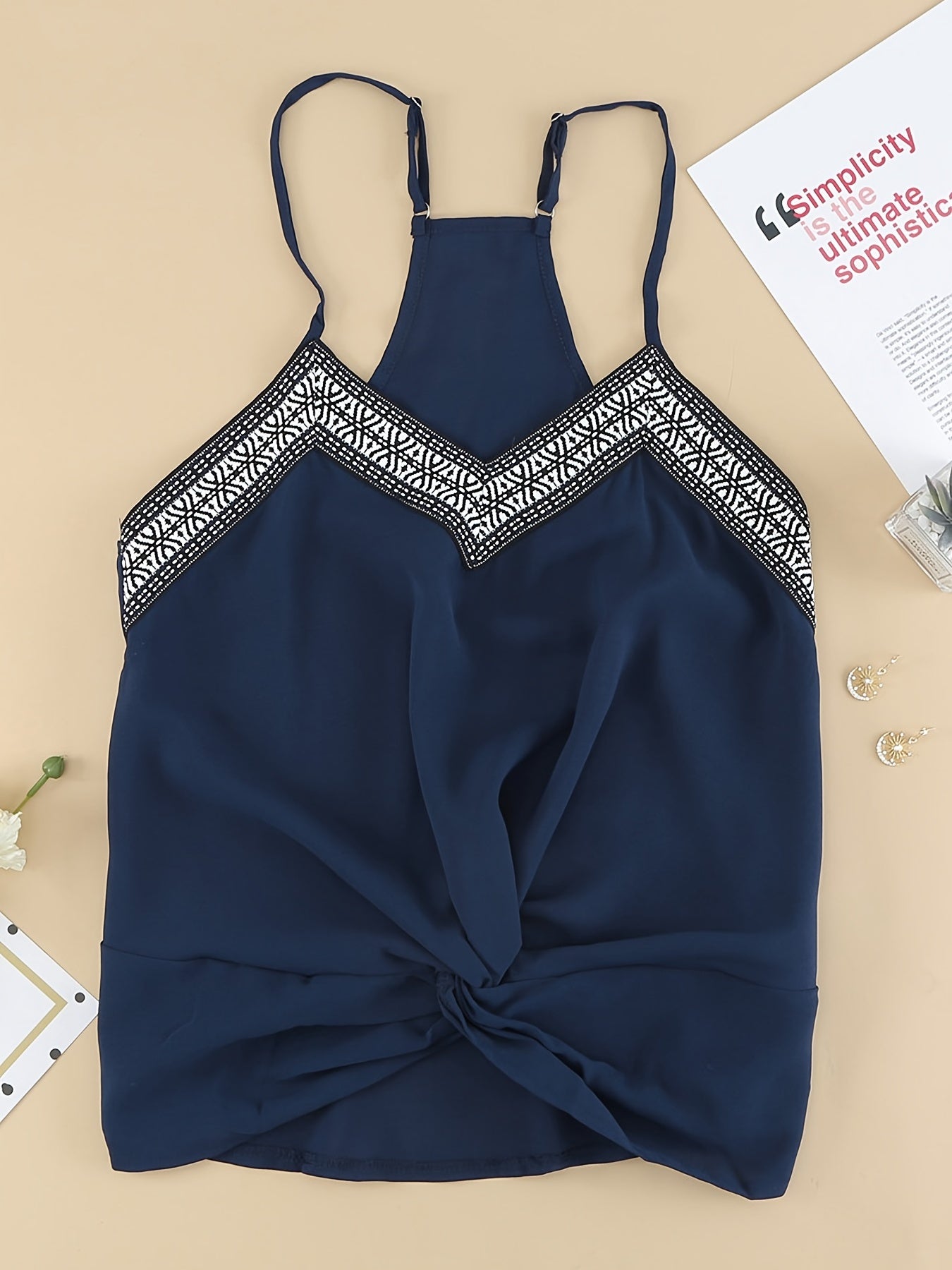 Embroidery V Neck Strappy Tank Top Summer Sleeveless Backless Top