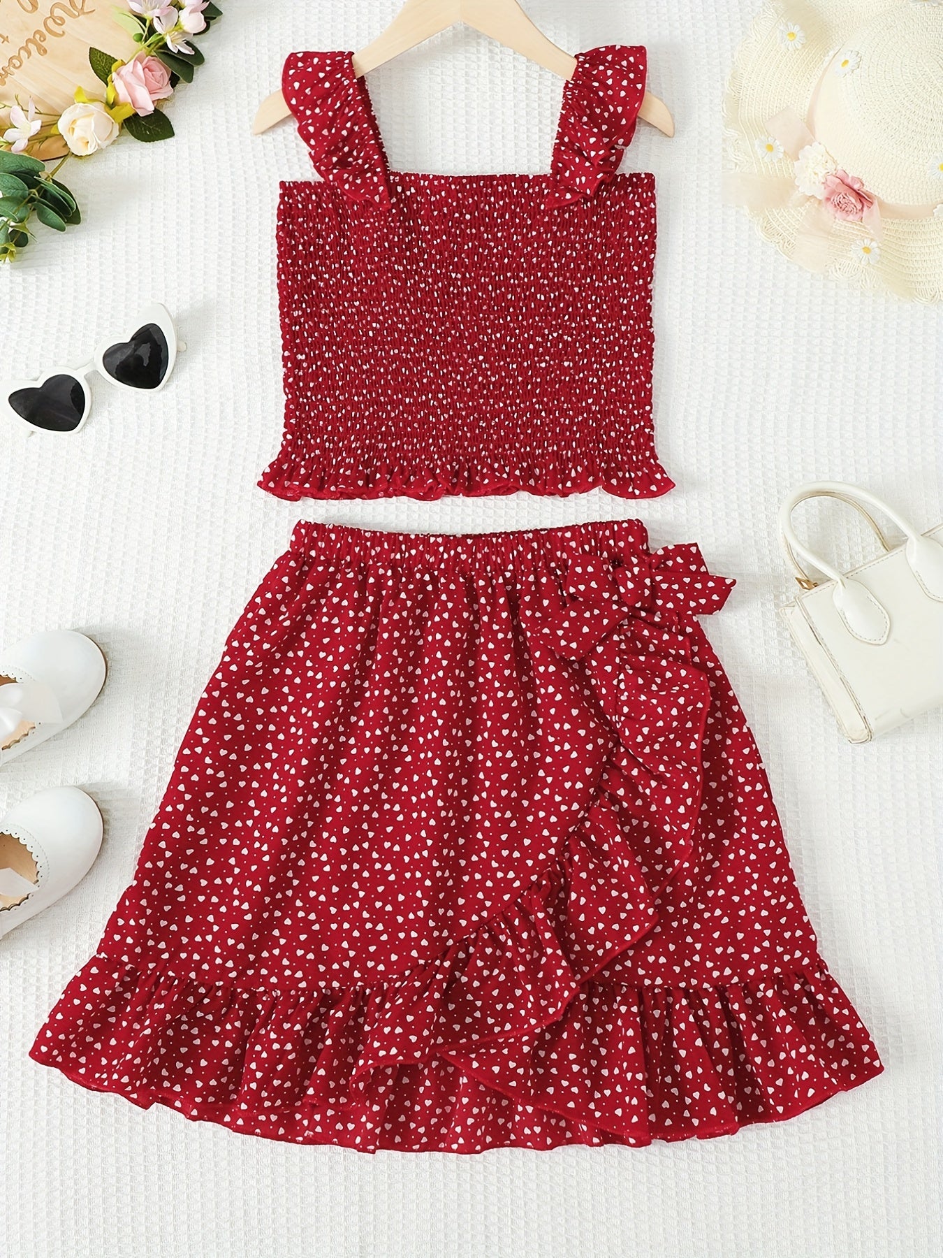 Girls' 2 Piece Outfit Shirred Crop Top & Frilled Mini Skirt Set