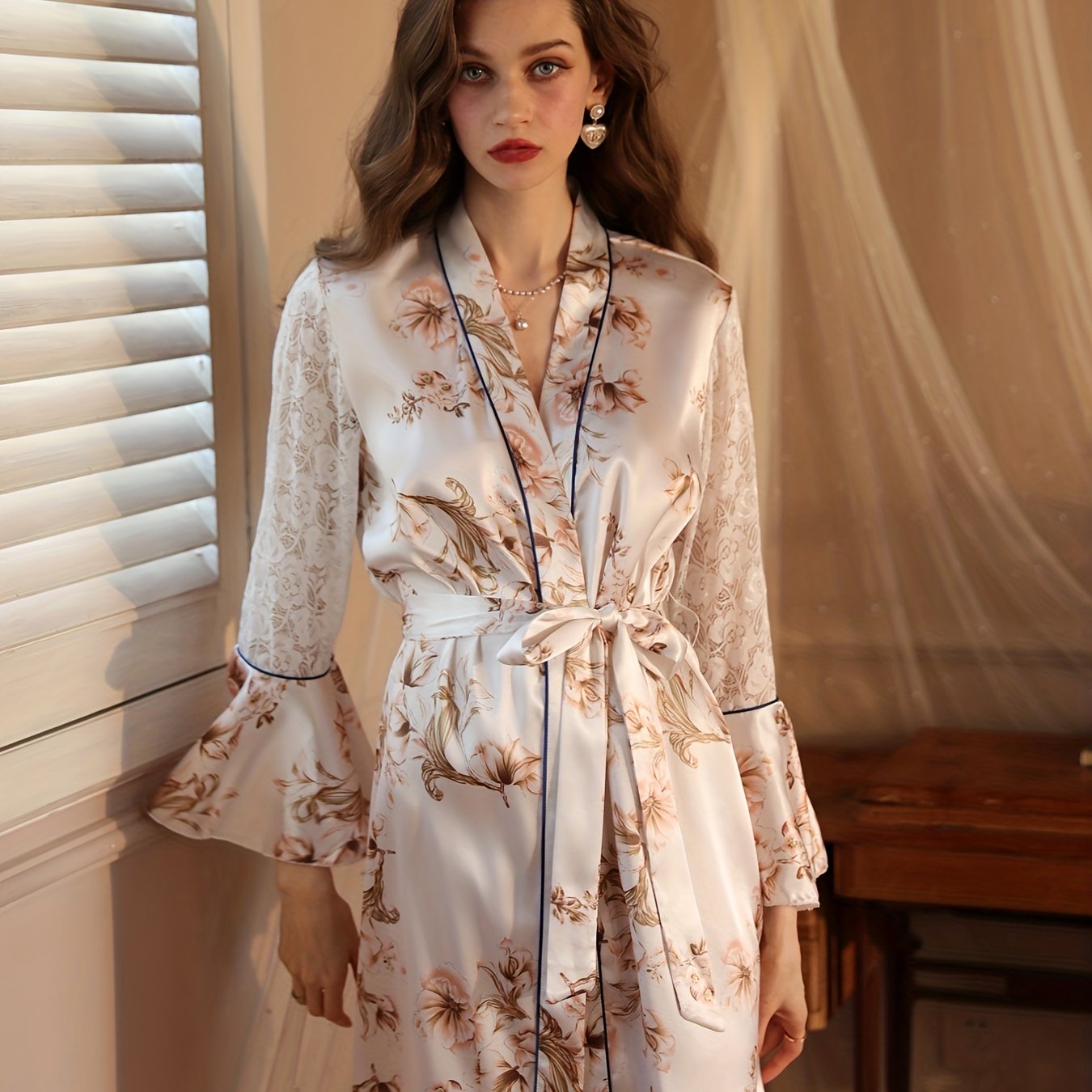Floral Print Satin Night Robe Lace Sleeve V Neck House Robe Women's Sleepwear