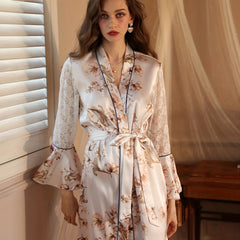 Floral Print Satin Night Robe Lace Sleeve V Neck House Robe Women's Sleepwear