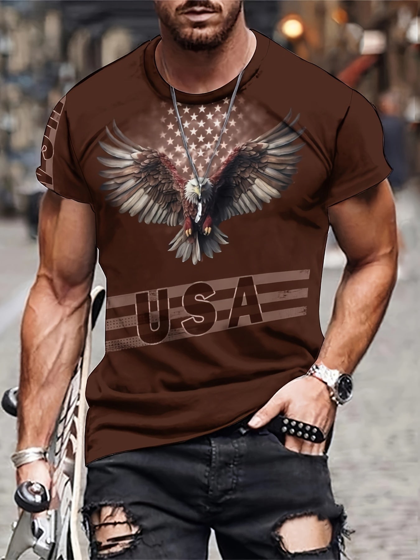 Stylish Eagle & Letter 3D Print Men's Graphic T-shirt Short Sleeve Pullover