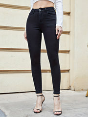 High Rise Skinny Jeans Solid High Stretch Zipper Button Closure Denim Pants