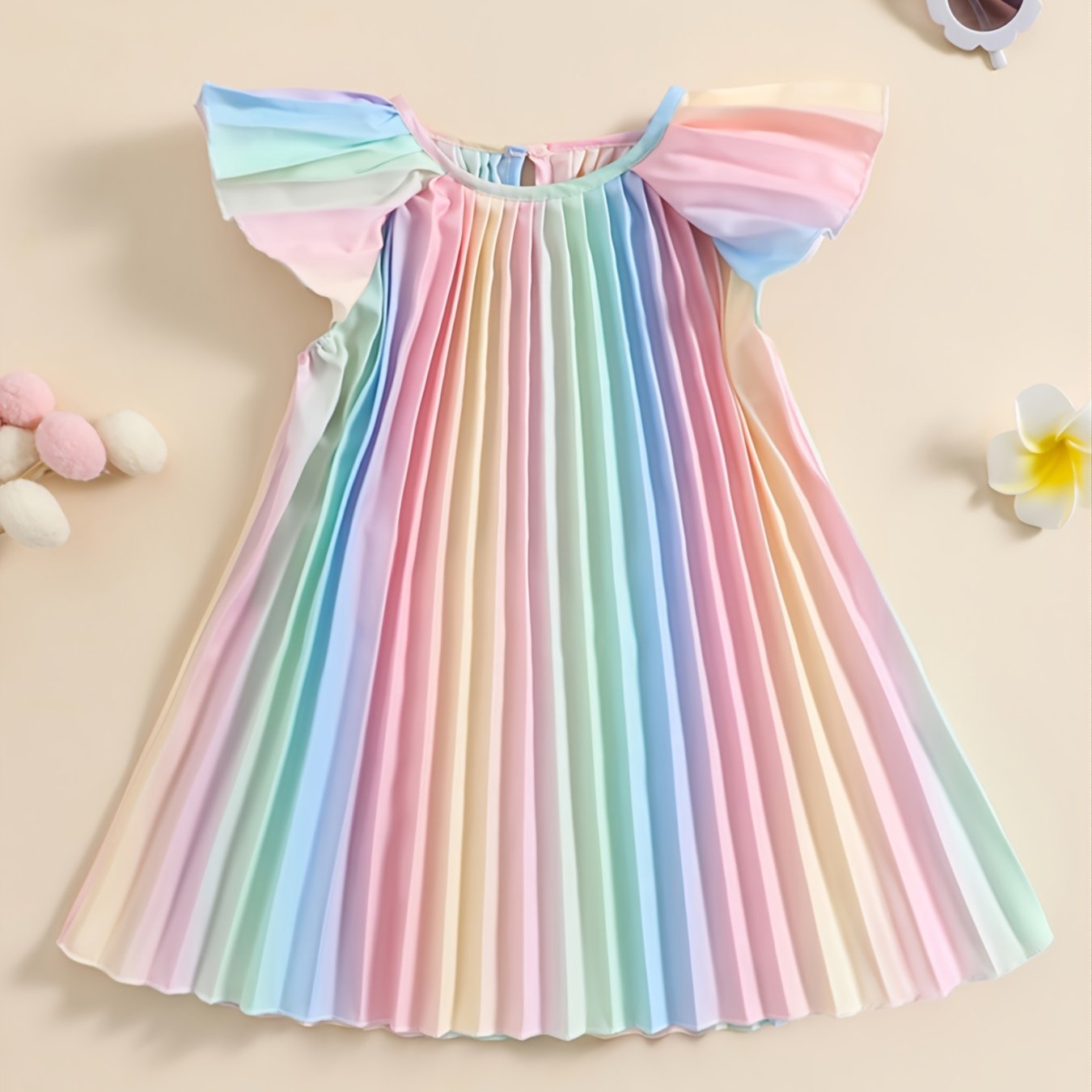 Girls Small Flying Sleeve Gradient Colorful Pleated Dress