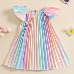 Girls Small Flying Sleeve Gradient Colorful Pleated Dress