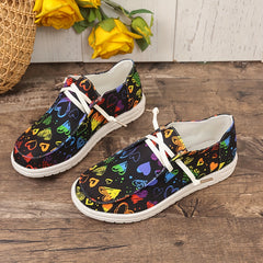 Heart Pattern Skate Shoes Women Flat Lightweight Lace-up Canvas Sneakers