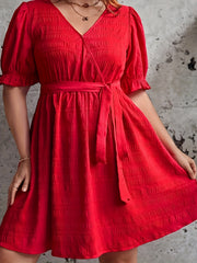 Plus Size Solid Ruffle Trim Puff Sleeve Dress With Belt