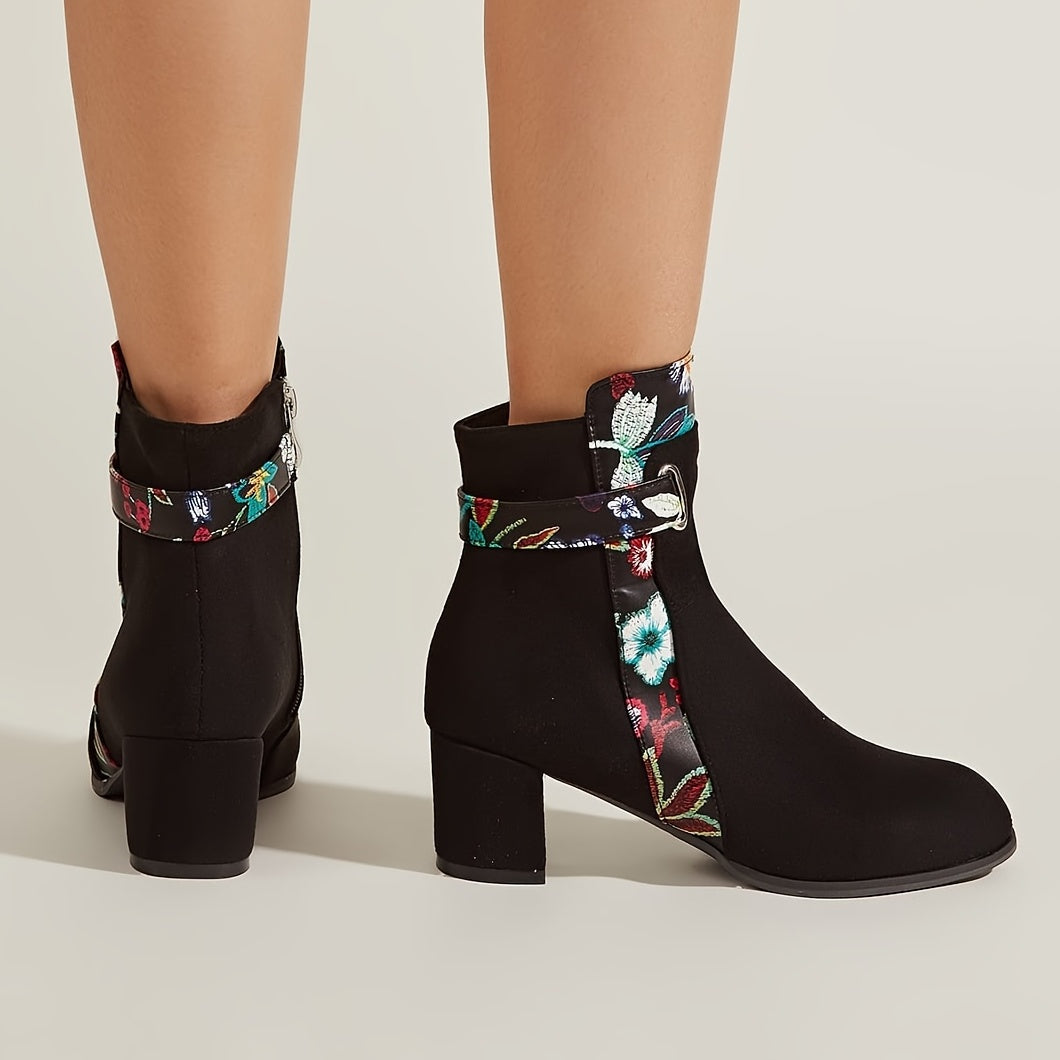 Floral Pattern Boots Point Toe Block Heel Side Zipper Winter Shoes