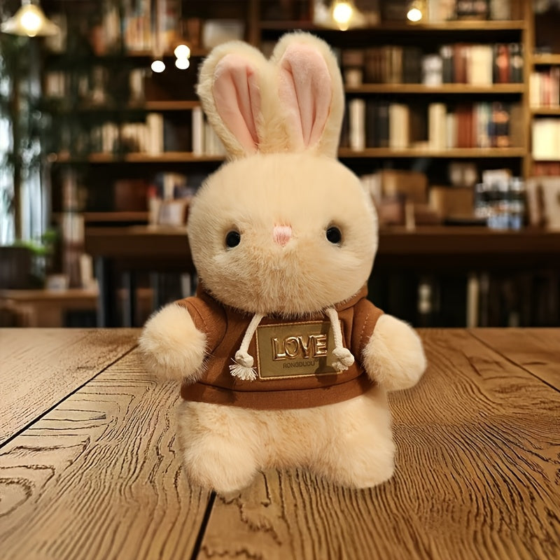11.81In Plush Rabbit Doll Round Body Light Beige Fur Pink Ears Brown Hoodie