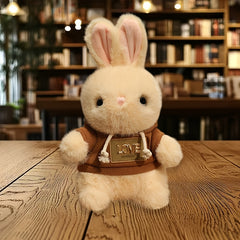 11.81In Plush Rabbit Doll Round Body Light Beige Fur Pink Ears Brown Hoodie