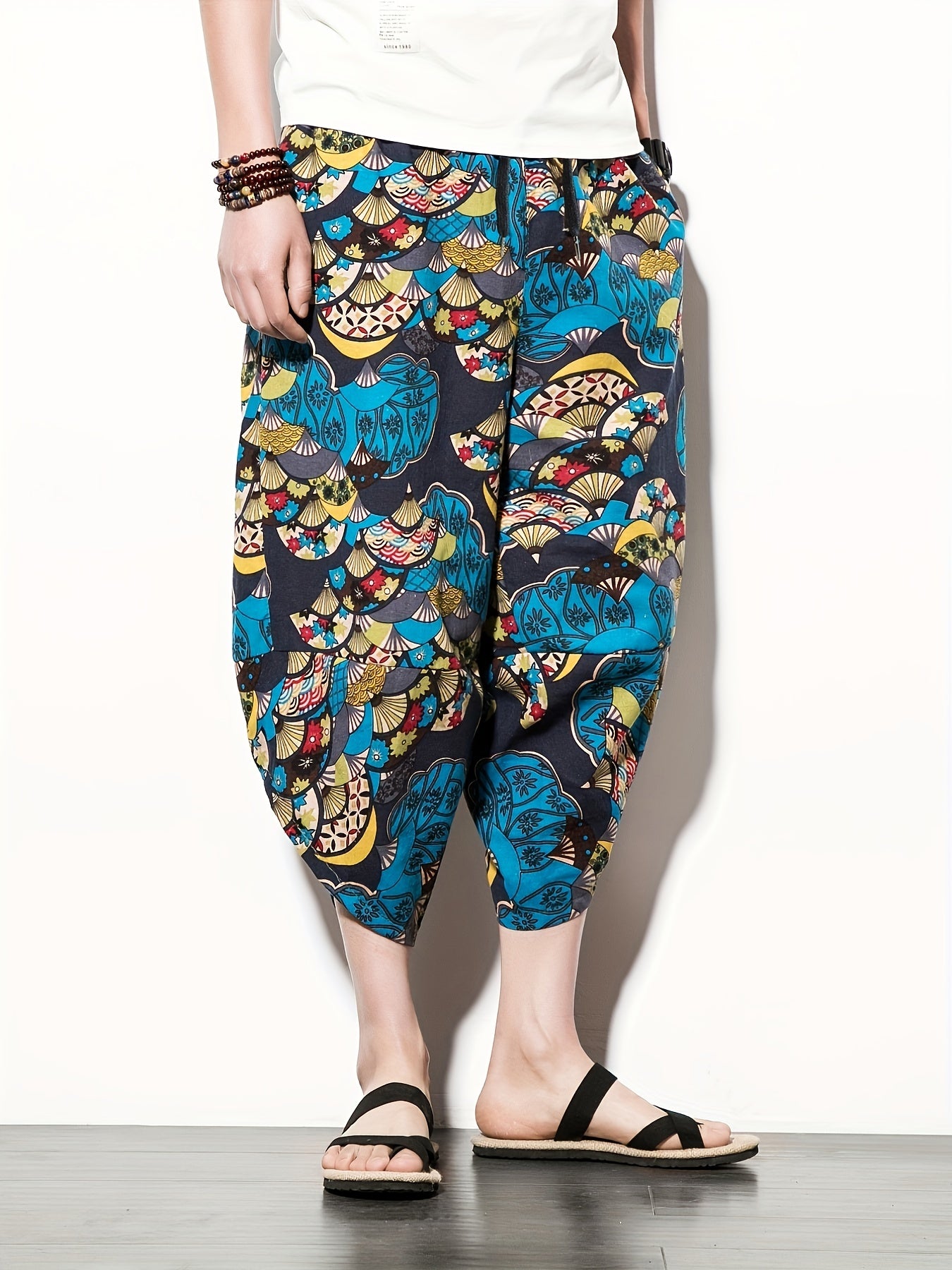 Men's Stylish Pattern Print Loose Cropped Beach Pants