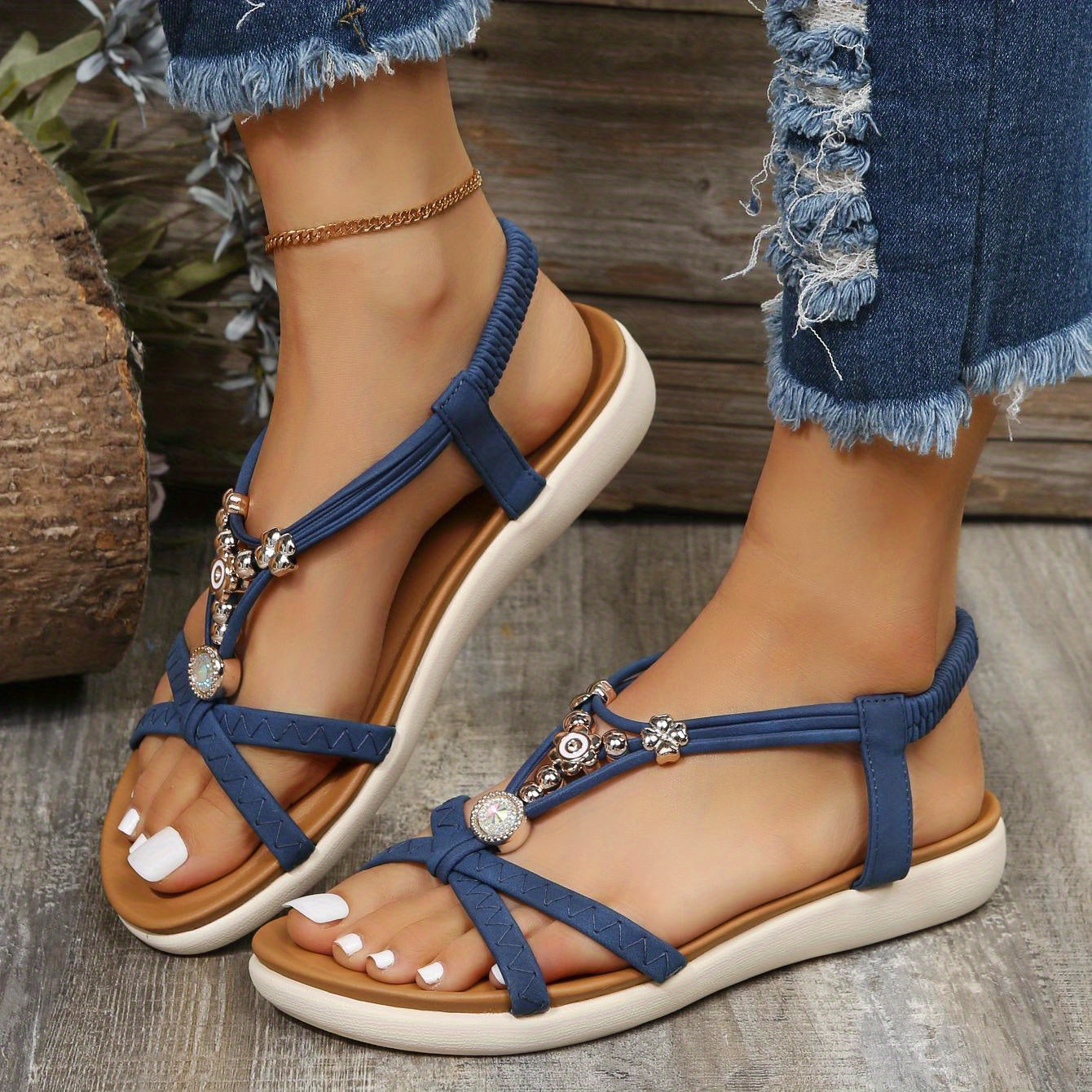 Boho Style Beads Flat Sandals Elastic Slip On Shoes