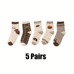 5 Pairs Boy's Cartoon Striped Crew Socks Comfortable Casual Style Unisex Socks