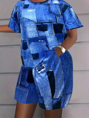 Patchwork Casual Two piece Set Crew Neck Short Sleeve T shirt & Slim Shorts