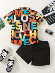 2pcs Boys Short Sleeves Shirt & Shorts Set, Summer Clothes