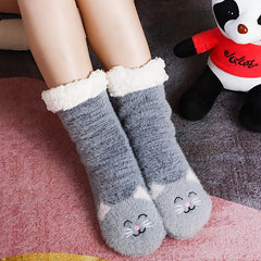 Cartoon Cat Print Non-slip Socks Plush & Comfy Women's Stockings