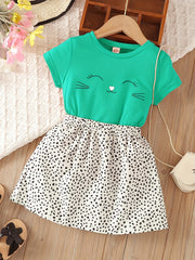 2pcs Toddler Girls Cat Graphic T Shirt & Skirt Set