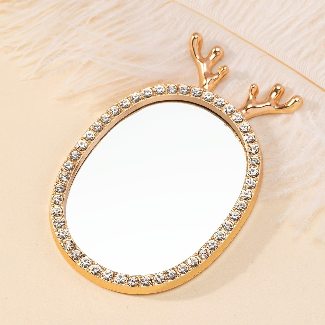 Deer Horn & Rhinestone Small Mirror Cosmetic Touch up Mirror Adhesive Sticker