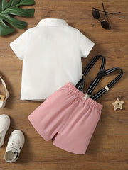 2pcs Baby Boys Short Sleeves Shirt & Suspender Shorts Set